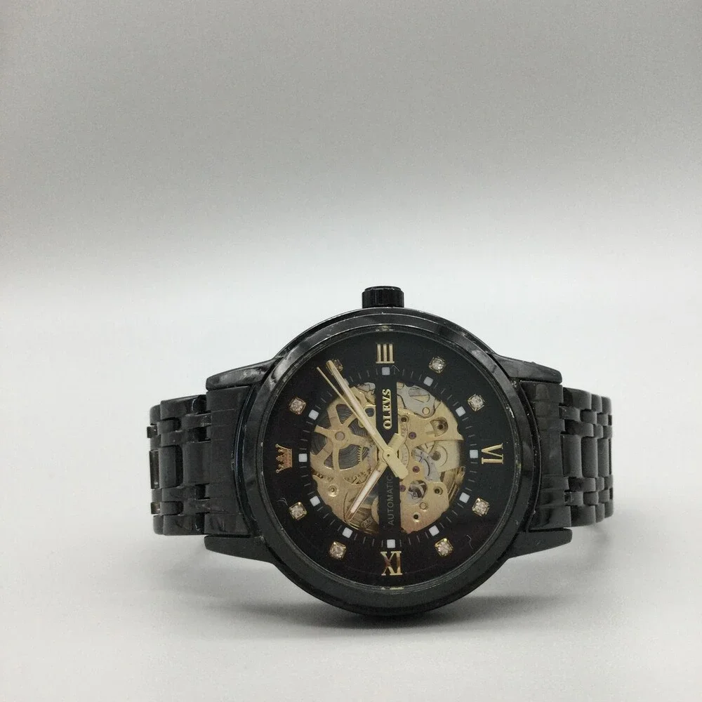 OLEVS G9901 Mens Watch 41mm Black Gold Tone Skeleton Stainless Automatic 7.25